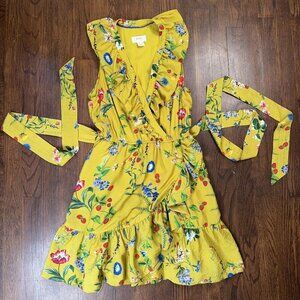 MAEVE Anthropologie XS Mustard Strawberry Botanical Floral Garden Party Frock Cr